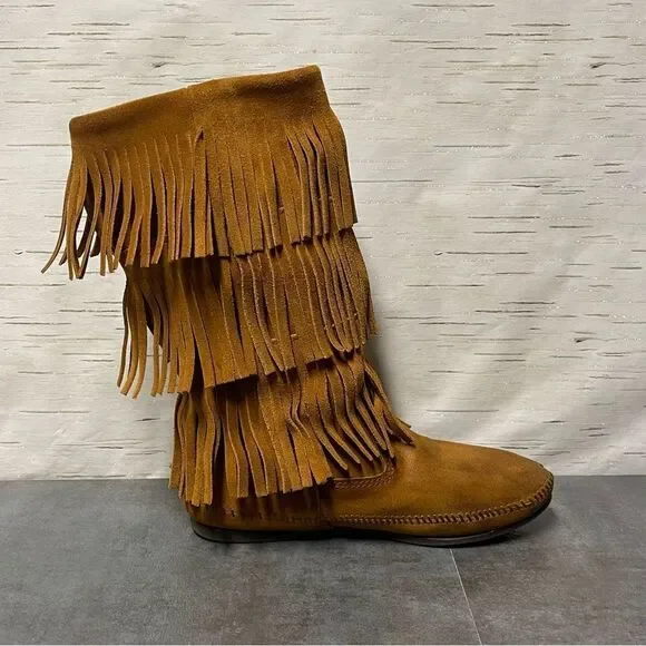 Minnetonka Women’s 3-Layer Fringe Brown Suede Leather Boots Size 8 - Picture 10 of 16